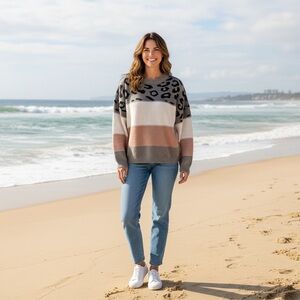 Chic Leopard Print Color Block Sweater